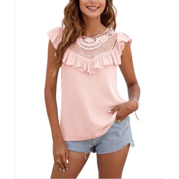 C.CLINE Pink Lace Accent Ruffle Sleeveless Top Size M - Picture 1 of 1